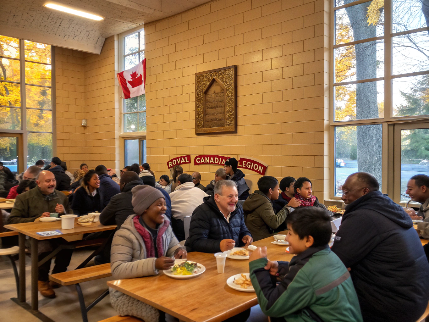 Calgary community members gathering together around a sunlit shared table